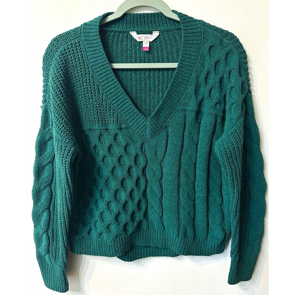 No Boundaries V-Neck Cable Knit Sweater Women XL Green Oversized Cozy Pullover